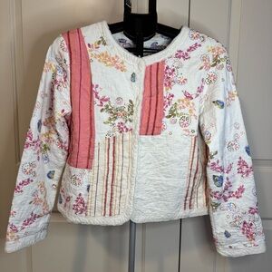 J.Jill Paisley Petite Floral Patchwork Quilted Jacket Snap Front White Pink SzMP